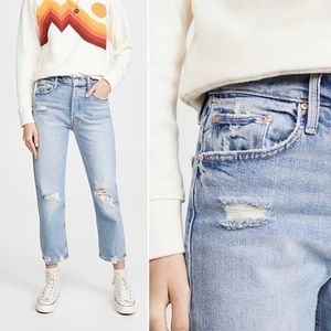 Mother The Tomcat High Rise Straight Jeans Pant Denim Blue Distressed Ankle Soft